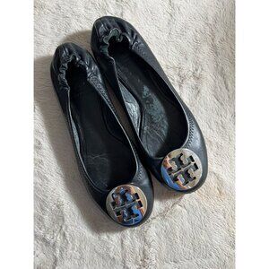 Tory Burch Womens Black Leather Minnie Travel Ballet Flats W/ Logo Medallion
